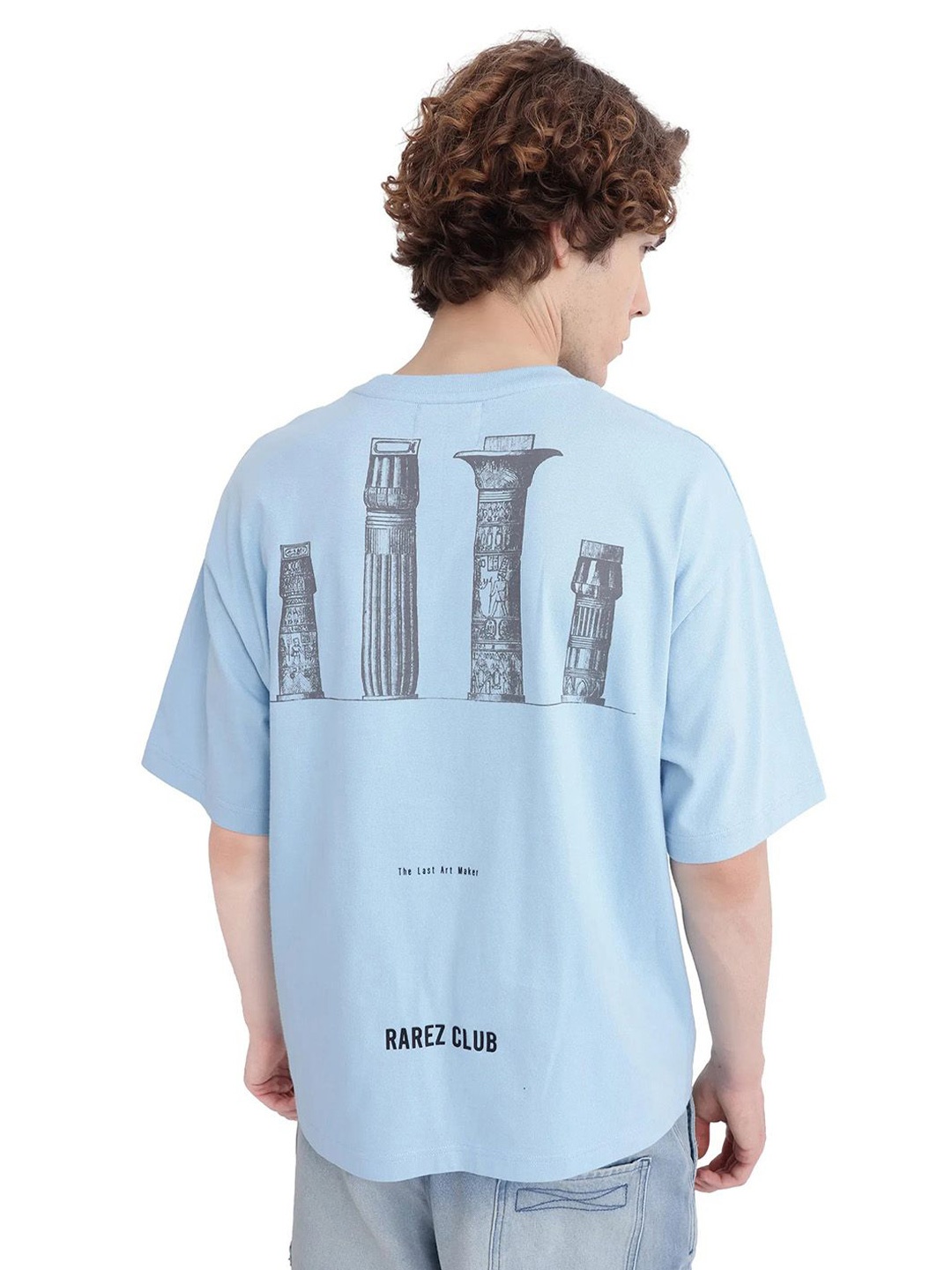 

RARE RABBIT Men Graphic Printed Round Neck Cotton Oversized T-shirt, Blue