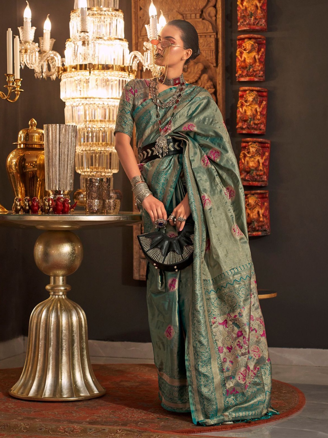 

ODETTE Woven Design Zari Saree, Green