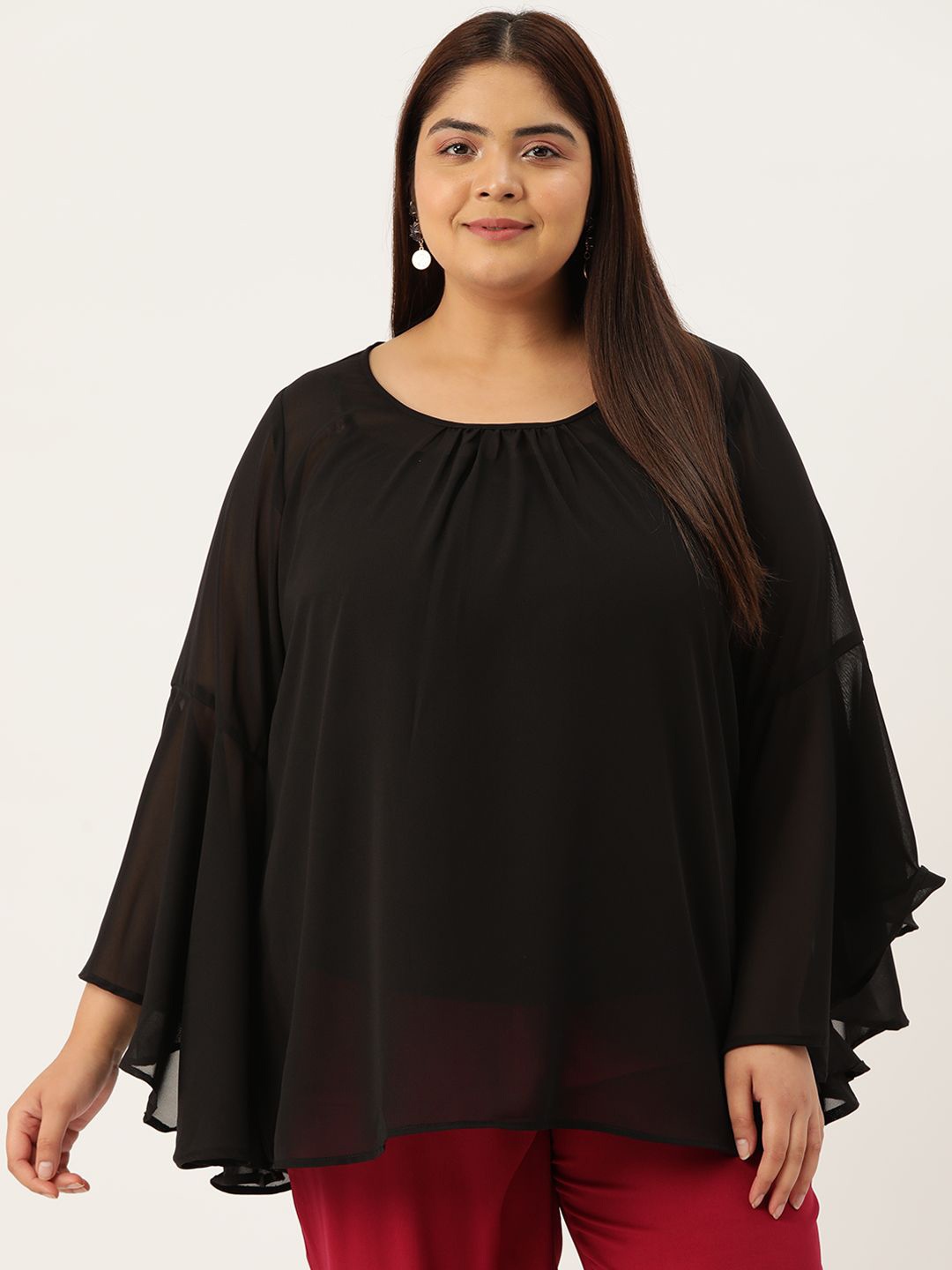 

theRebelinme Women Floral Bell Sleeve Longline Top Plus Size, Black