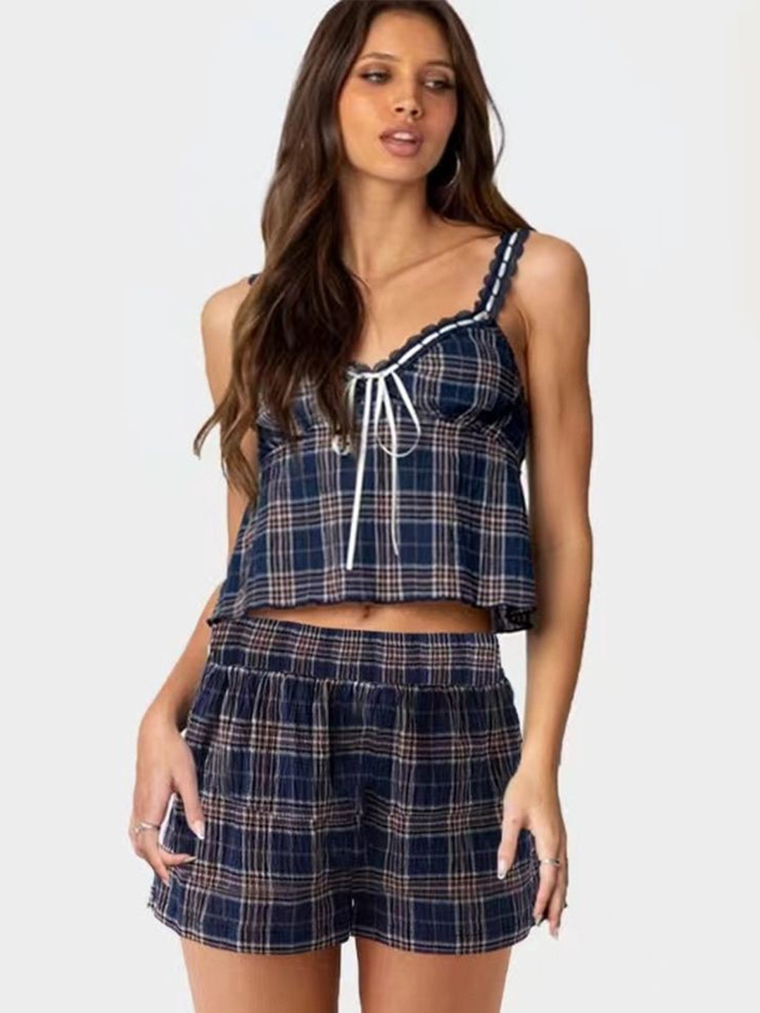 

LULU & SKY Women Checked Shoulder Straps Night Suit, Navy blue