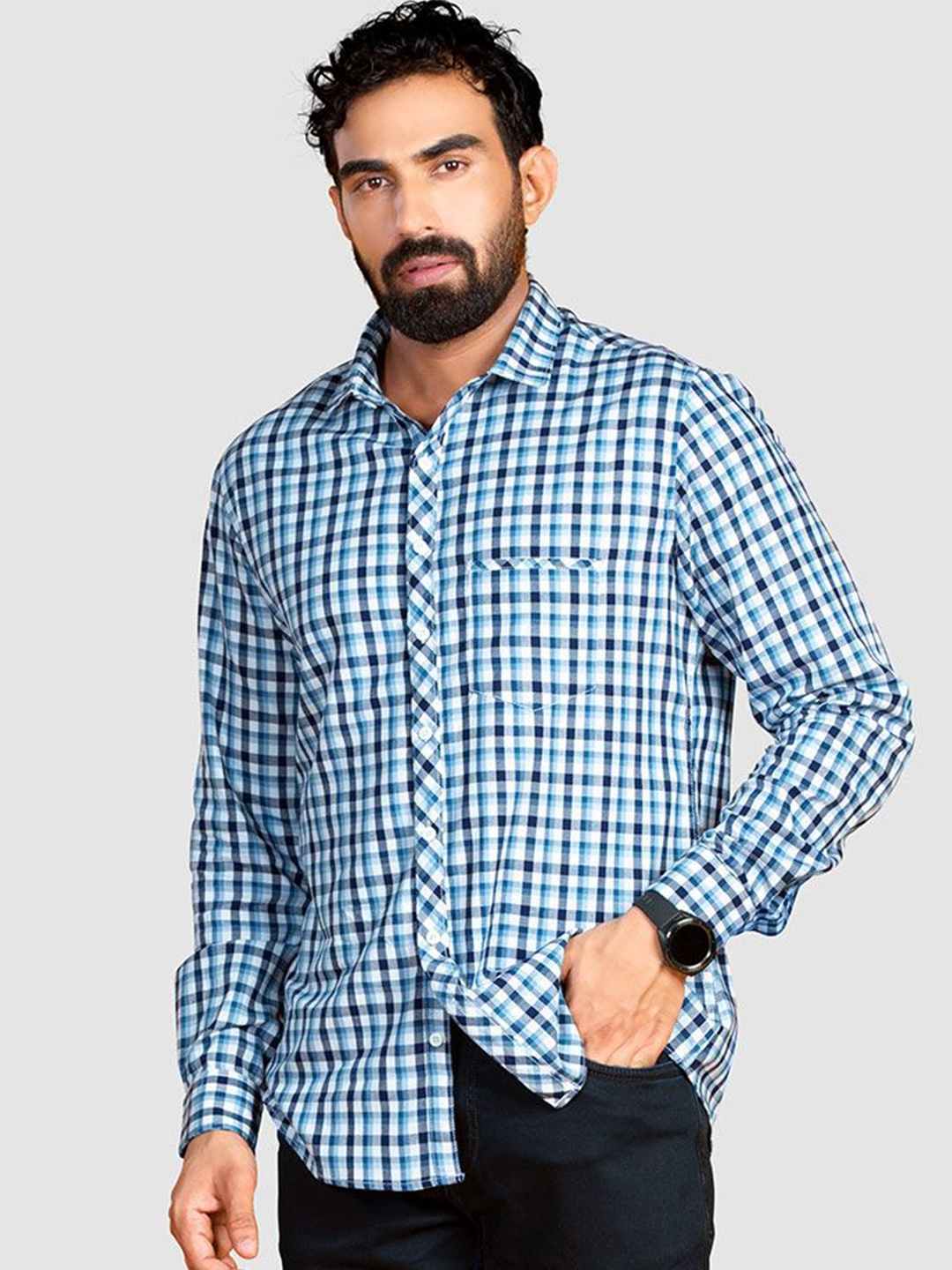 

Beyoung Men Spread Collar Micro Checked Cotton Relaxed Fit Casual Shirt, Blue