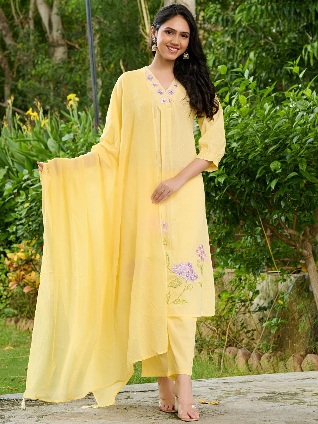 

PRETTY PALLU Floral Printed Pleated Pure Cotton Straight Kurta with Churidar, Yellow