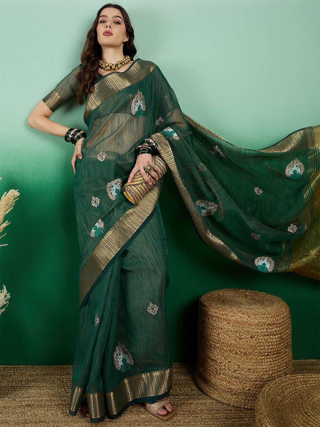 

Mitera Woven Design Zari Organza Saree, Green