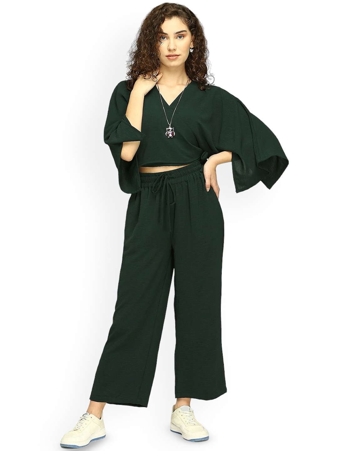 

IZEL Women Mid-Rise Flared Pleated Trousers, Green