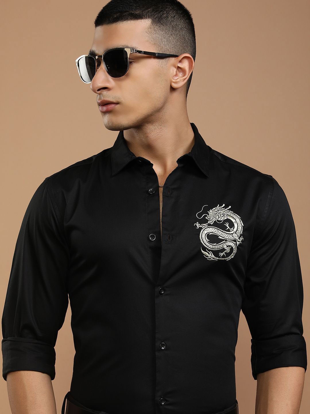 

KETCH Men Spread Collar Solid Cotton Slim Fit Casual Shirt, Black