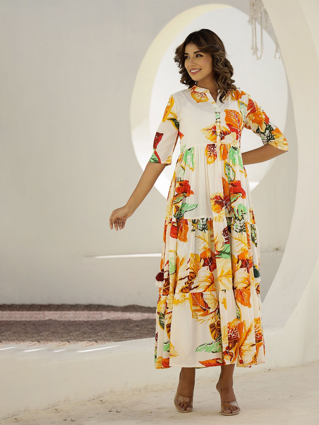 

FLAVIA CREATION Women Tropical Printed Mandarin Collar Maxi Dress, Off white