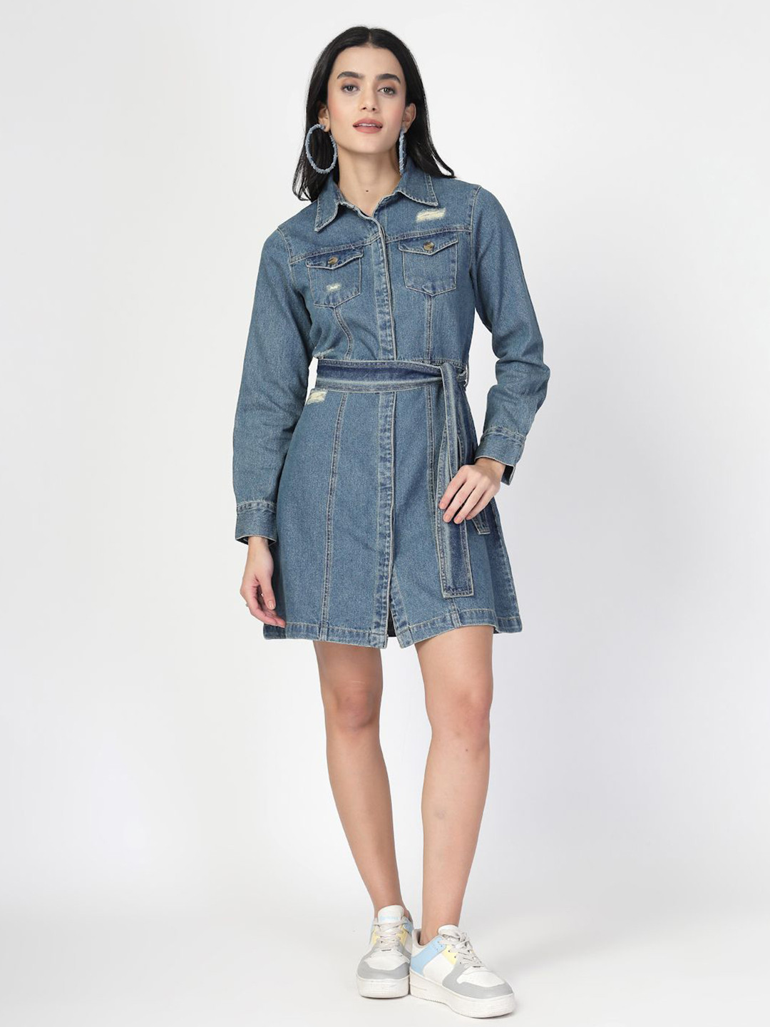 

COSMIC TRIO Shirt Collar Cuffed Sleeves Denim Shirt Dress Comes with a belt, Blue