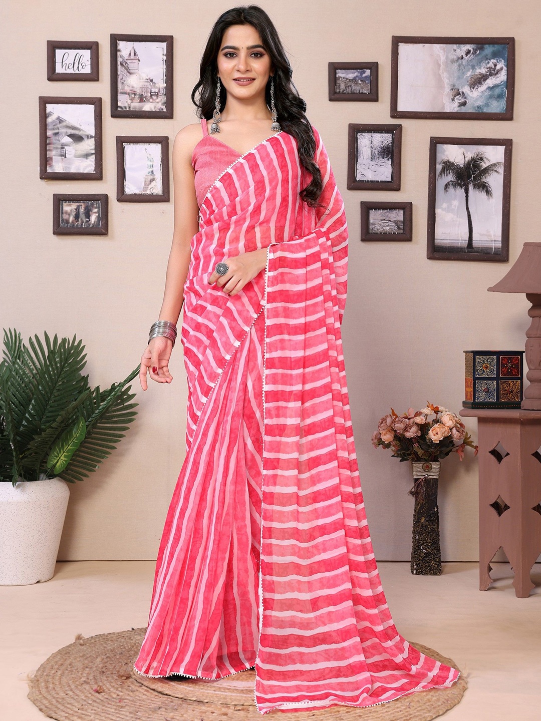 

LeeliPeeri Designer Leheriya Printed Pure Georgette Ready to Wear Saree, Pink