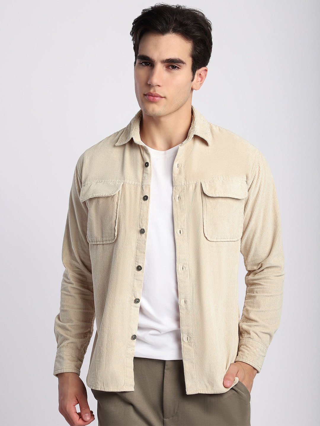

Beyoung Flap Pocket Corduroy Shirt, Beige