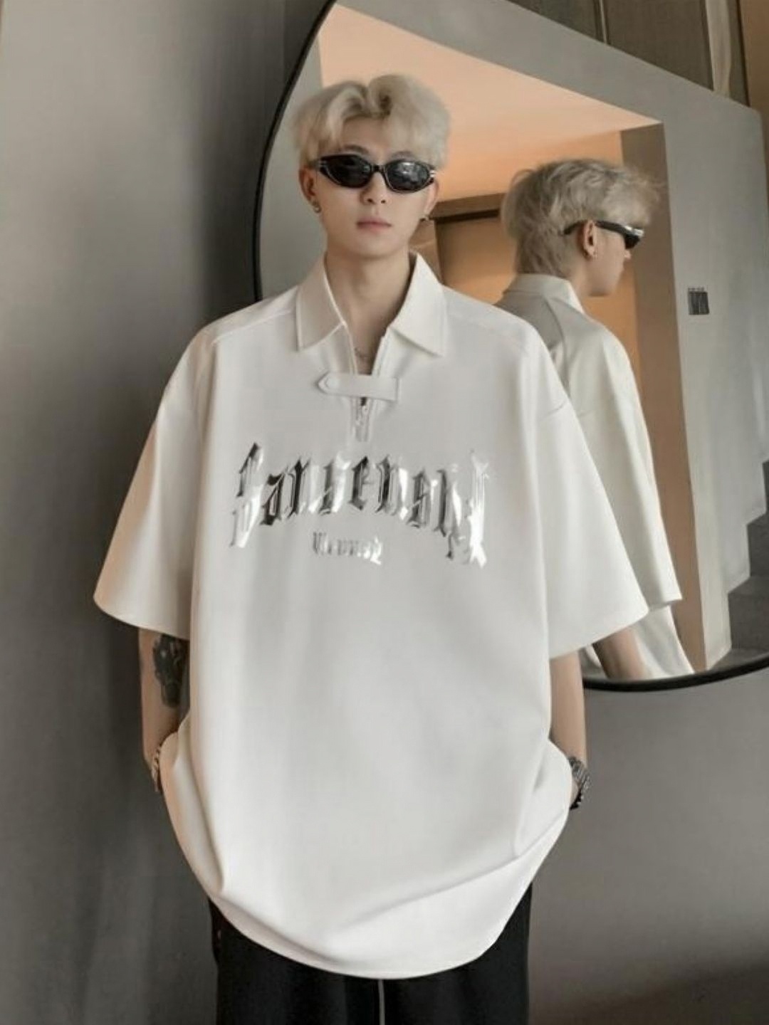 

HERE&NOW Men Typography Printed Polo Collar Oversized T-shirt, White