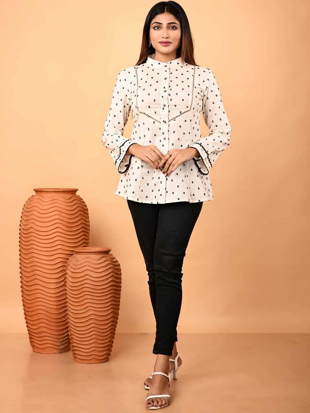 

Oskos Printed Lace Detailing Cotton Shirt Style Top, Off white