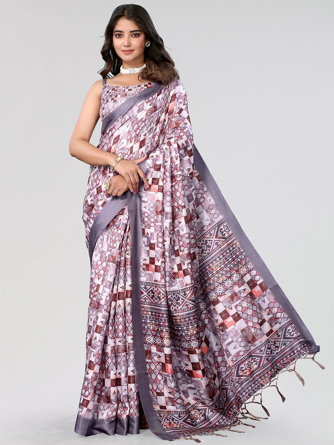 

KALINI Printed Saree With Tassels, Purple