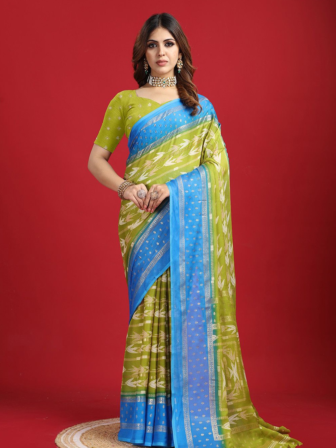 

NIRMAL CREATION Abstract Printed Saree With Blouse Piece, Green