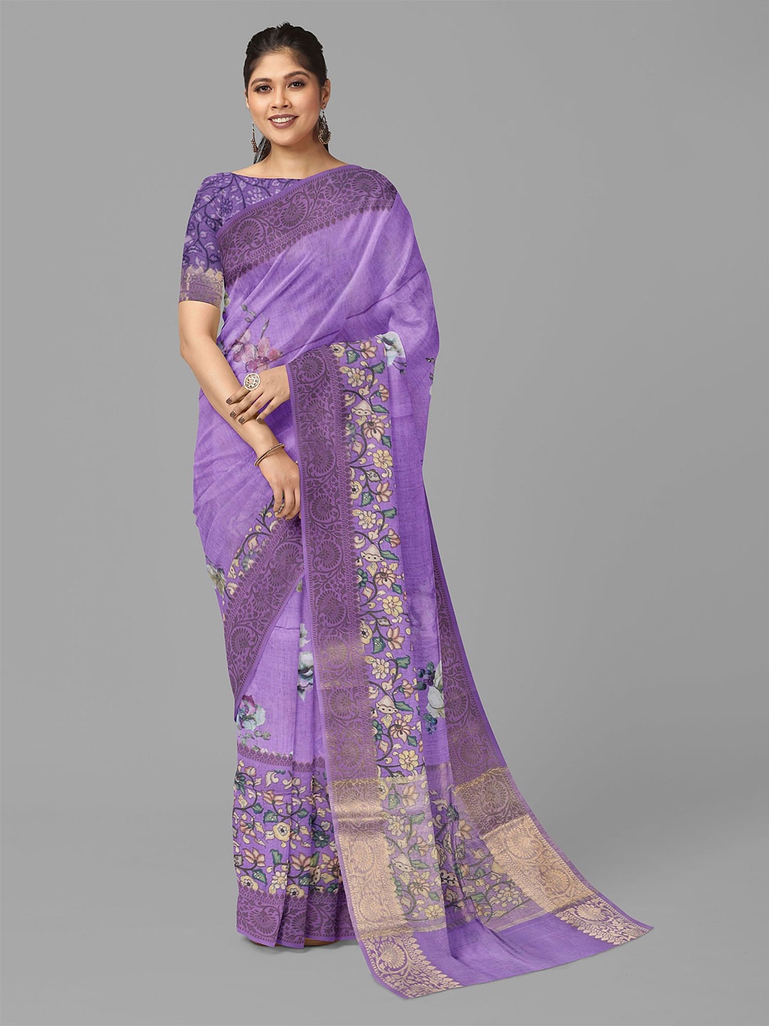 

The Chennai Silks Floral Printed Fusion Banarasi Saree, Violet