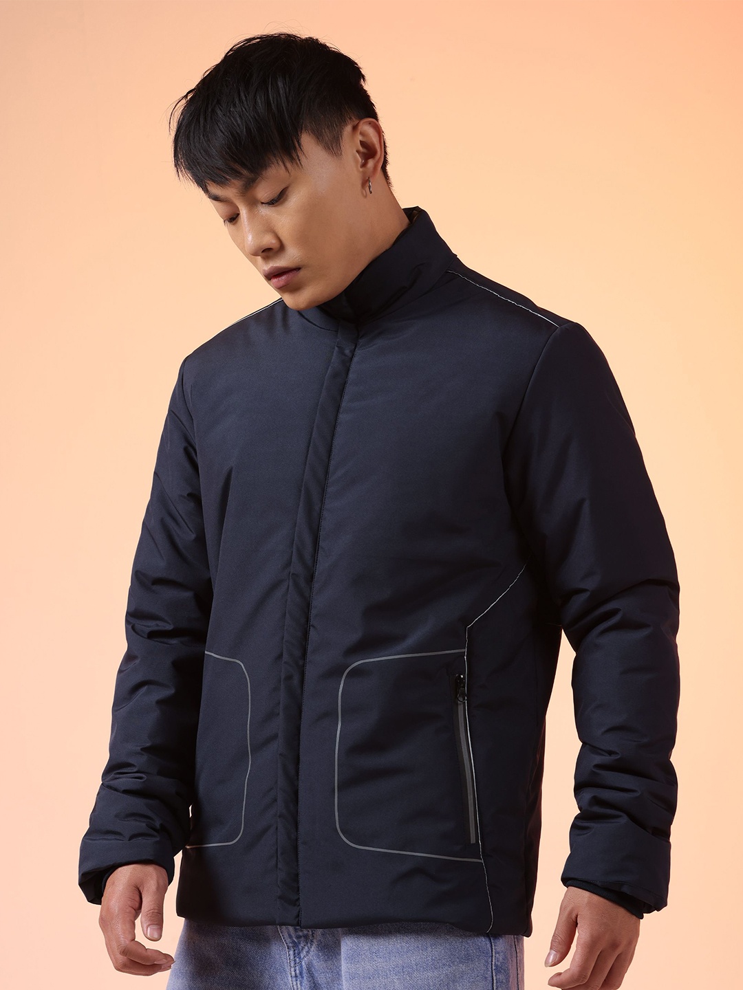 

Beyoung Men Mock Collar Solid Casual Padded Jacket, Navy blue