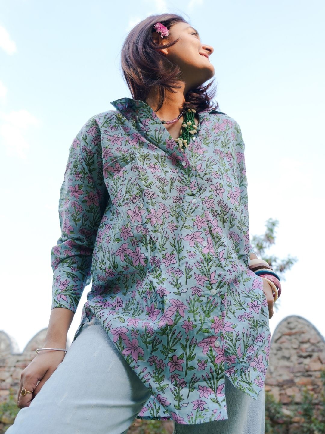 

SASSY SAJJA Women Spread Collar Floral Printed Cotton Oversized Casual Shirt, Green