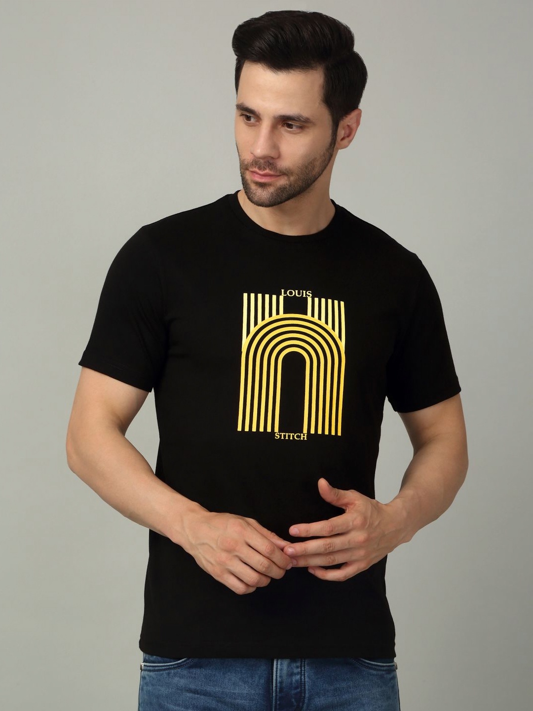 

LOUIS STITCH Men Pure Cotton Striped T-shirt, Black
