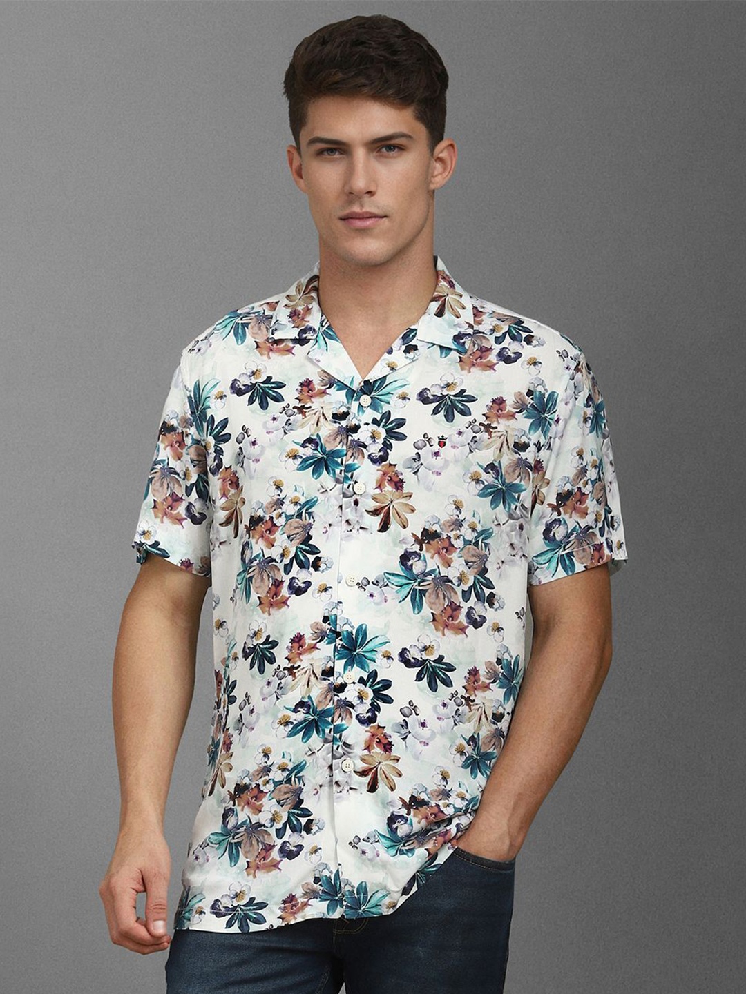 

Louis Philippe Jeans Men Cuban Collar Floral Printed Casual Shirt, White