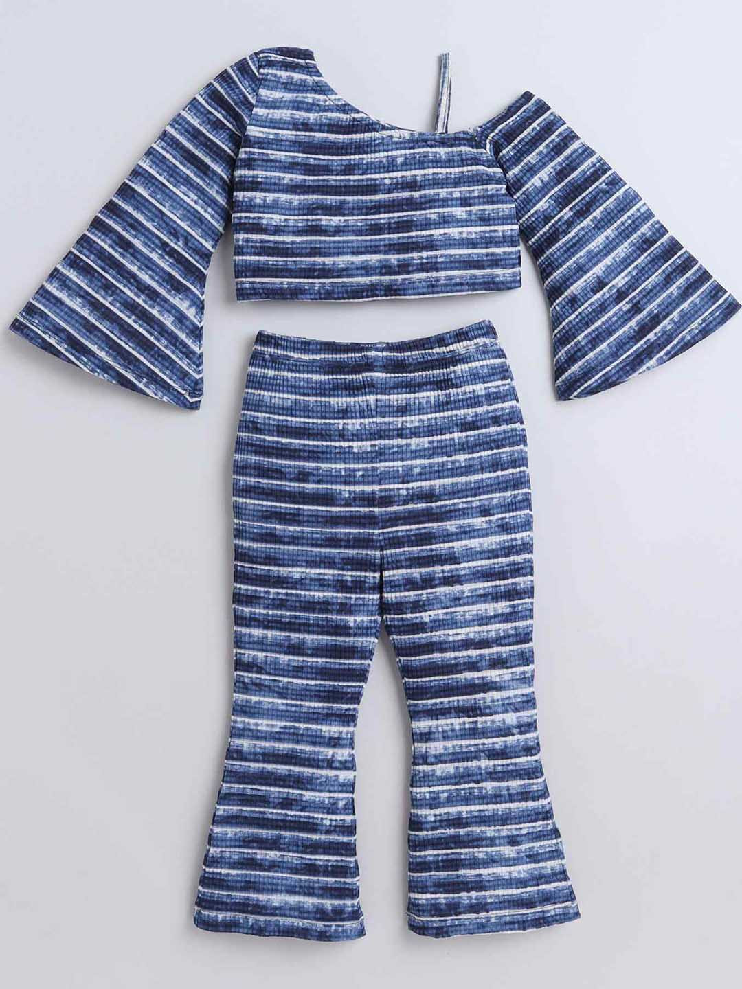 

taffykids Girls Striped Flared Sleeves Top With Trousers, Navy blue