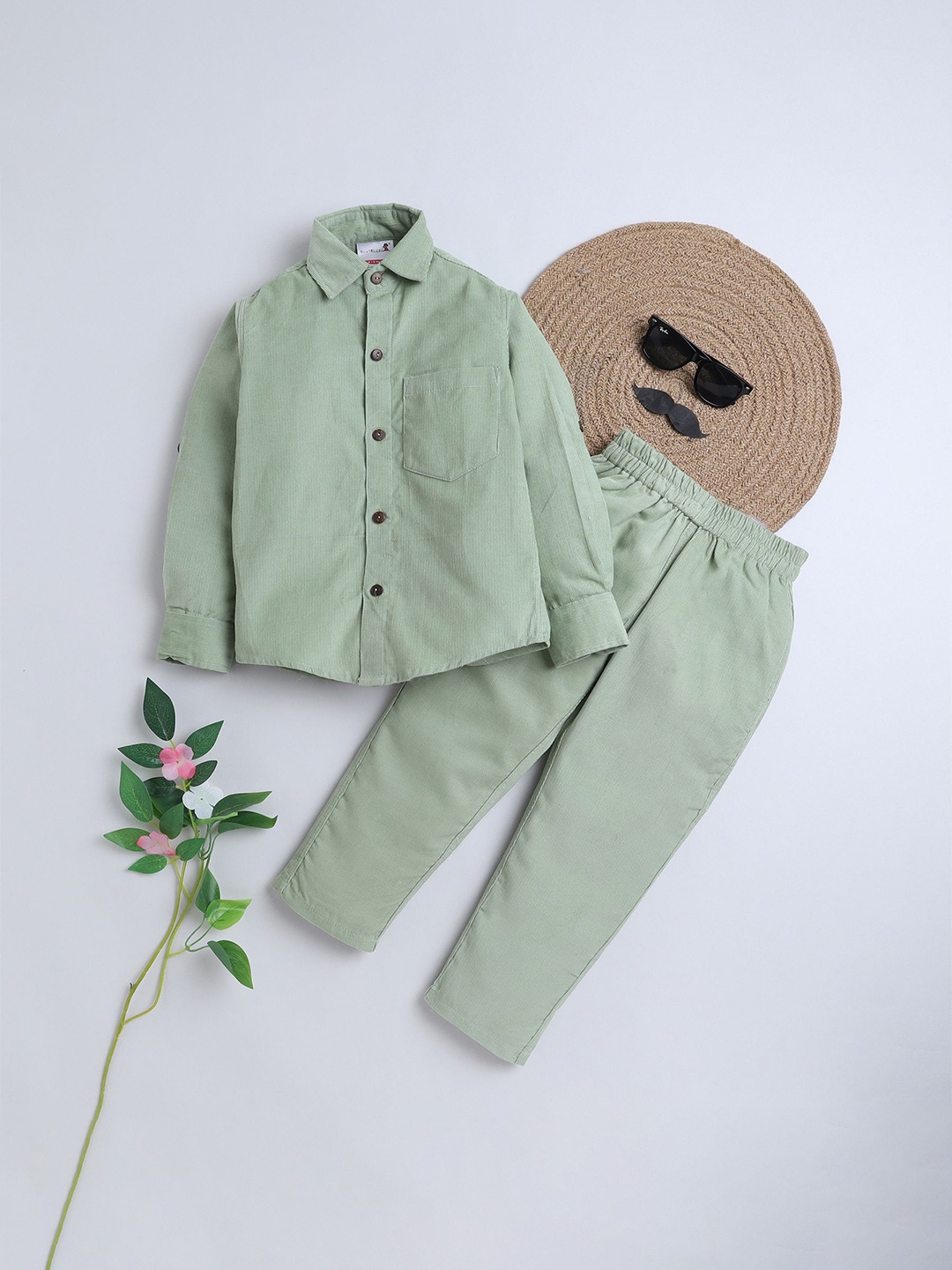 

BAATCHEET Boys Long Sleeves Pure Cotton Shirt with Trousers, Green
