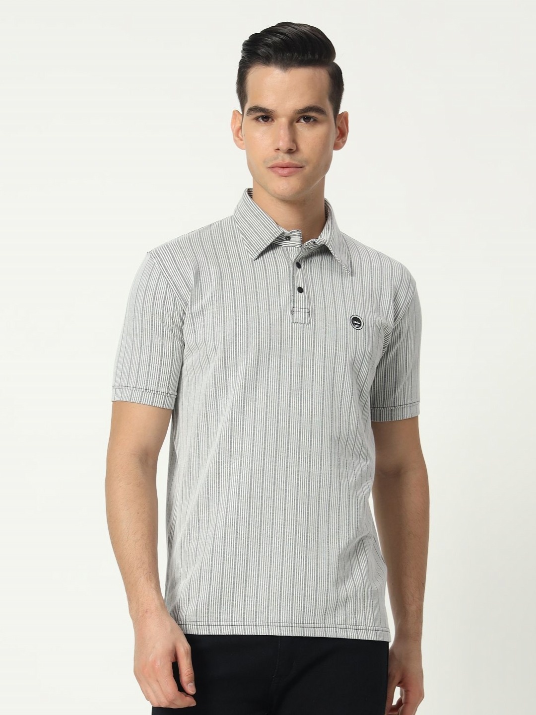

TAB91 Men Striped Polo Collar Cotton T-shirt, Grey