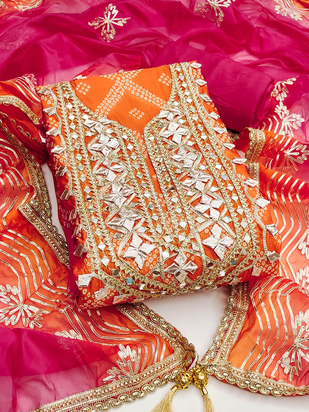 

KALINI Printed Organza Unstitched Dress Material, Orange
