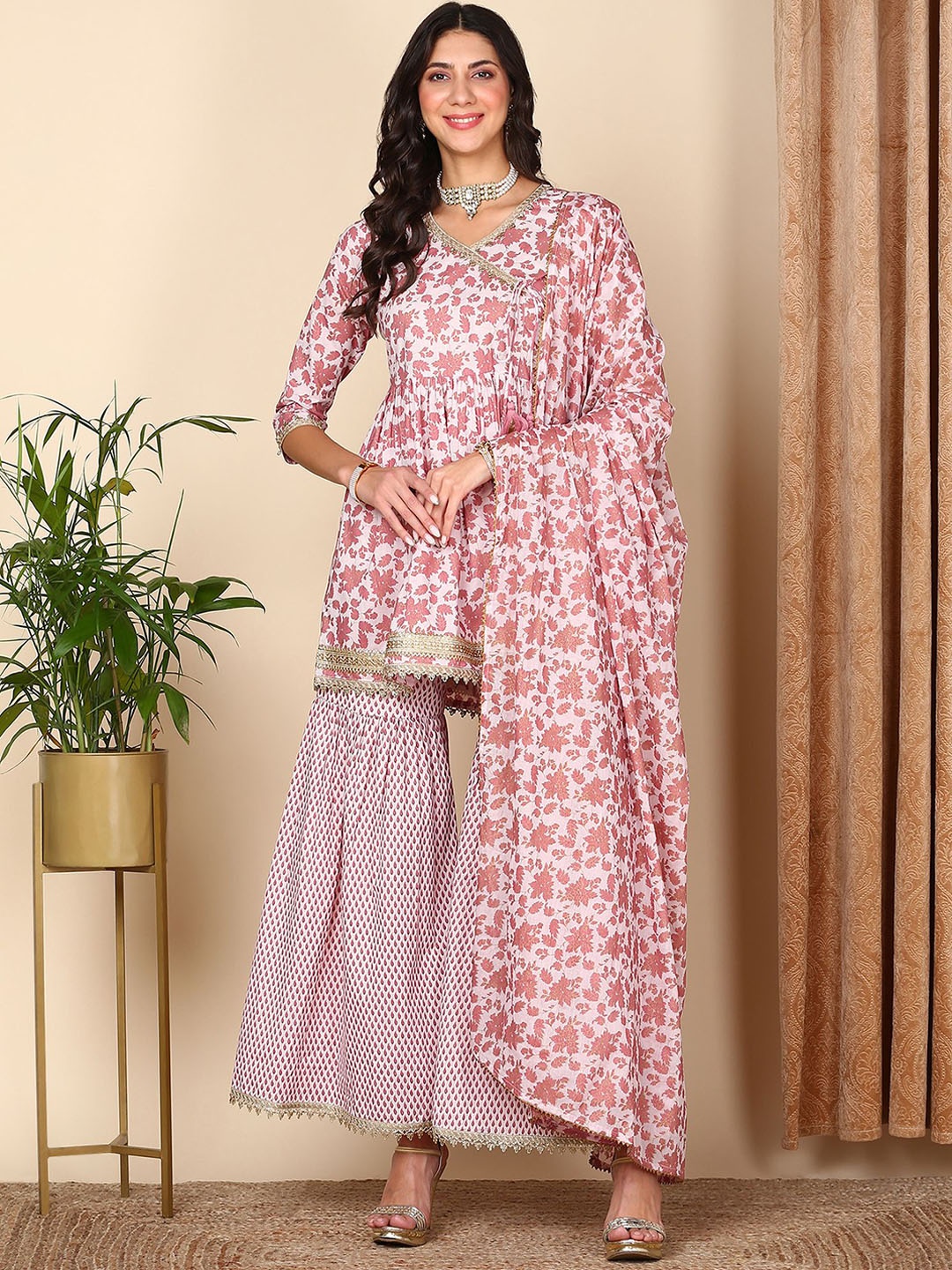 

HERE&NOW Floral Printed Gotta Patti Pure Cotton Anarkali Kurta With Sharara & Dupatta, Peach