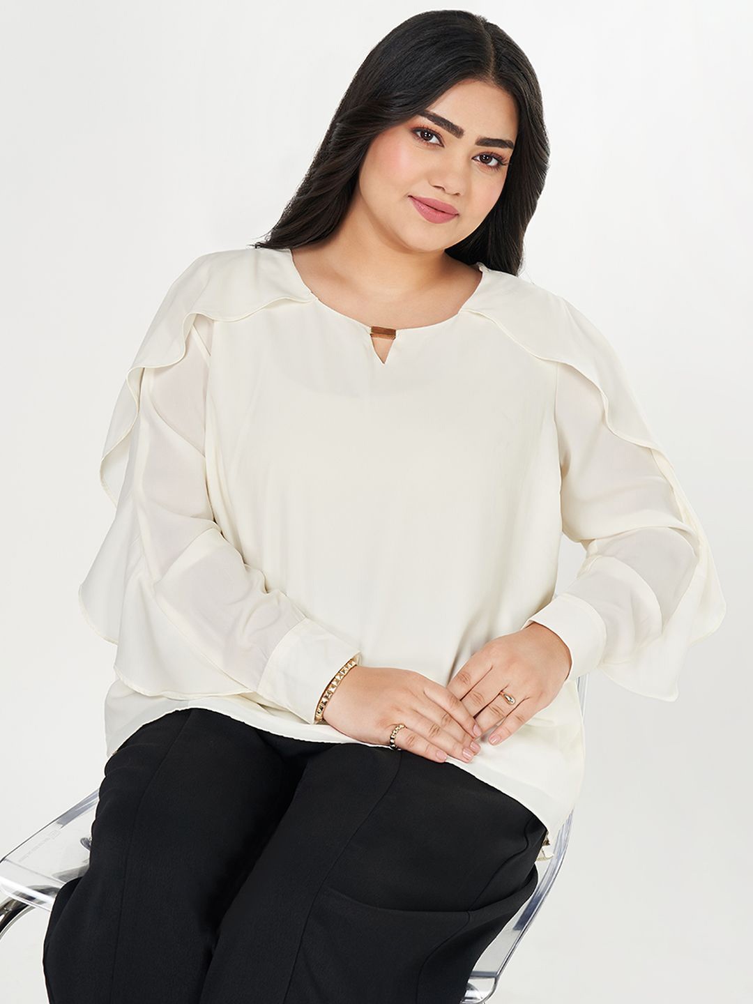 

Honey Curvytude by Pantaloons Women Plus Size Ruffle Top, Off white