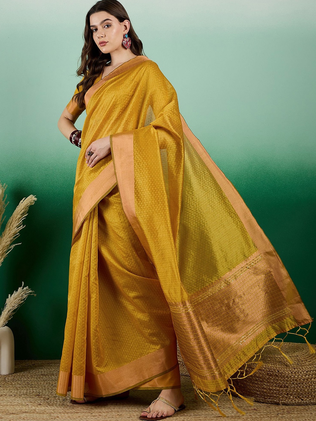 

Mitera Woven Design Zari Handloom Saree, Mustard