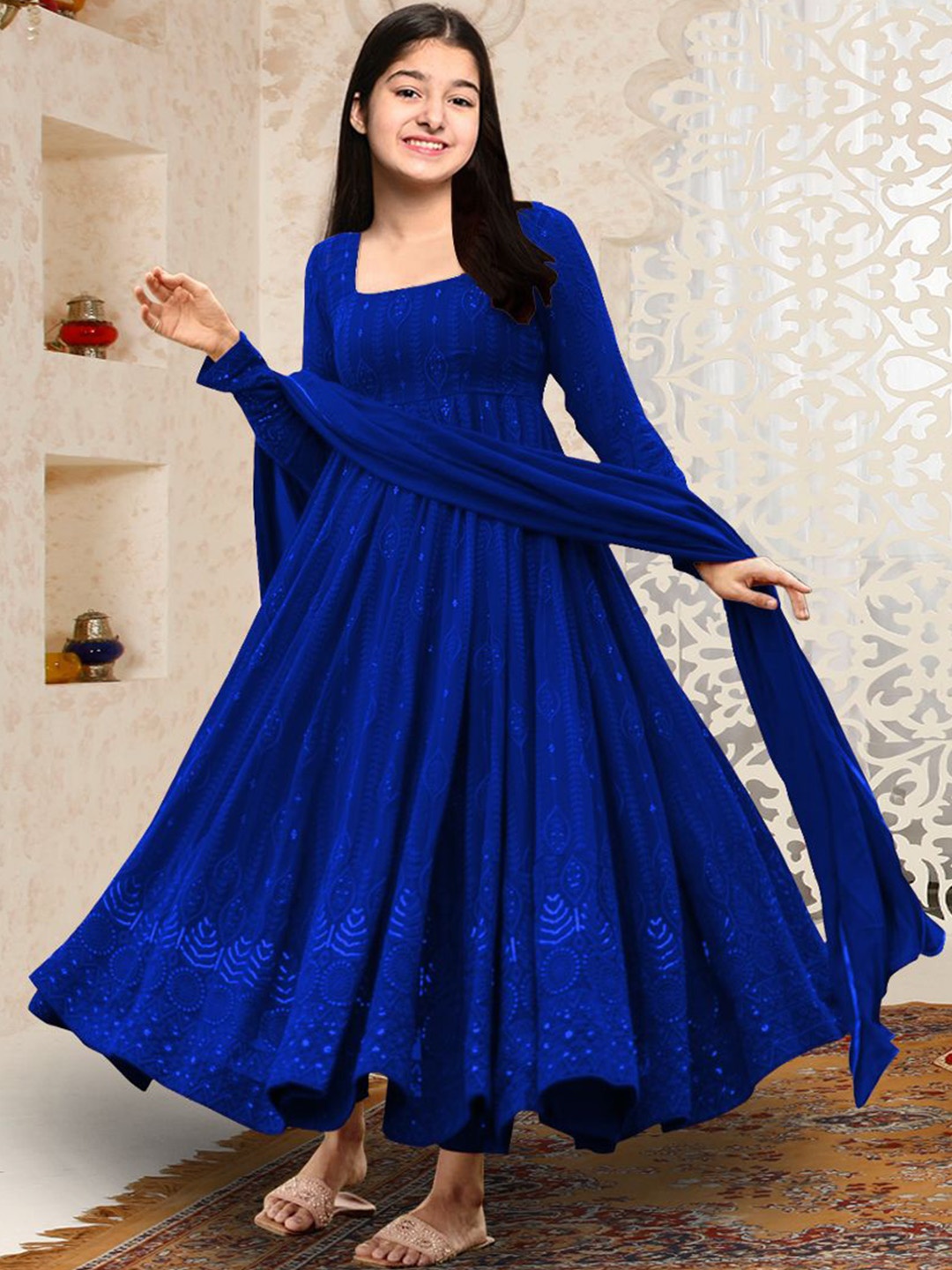 

BAESD Girls Floral Embroidered Square Neck Sequinned Georgette Anarkali Kurta With Dupatta, Blue