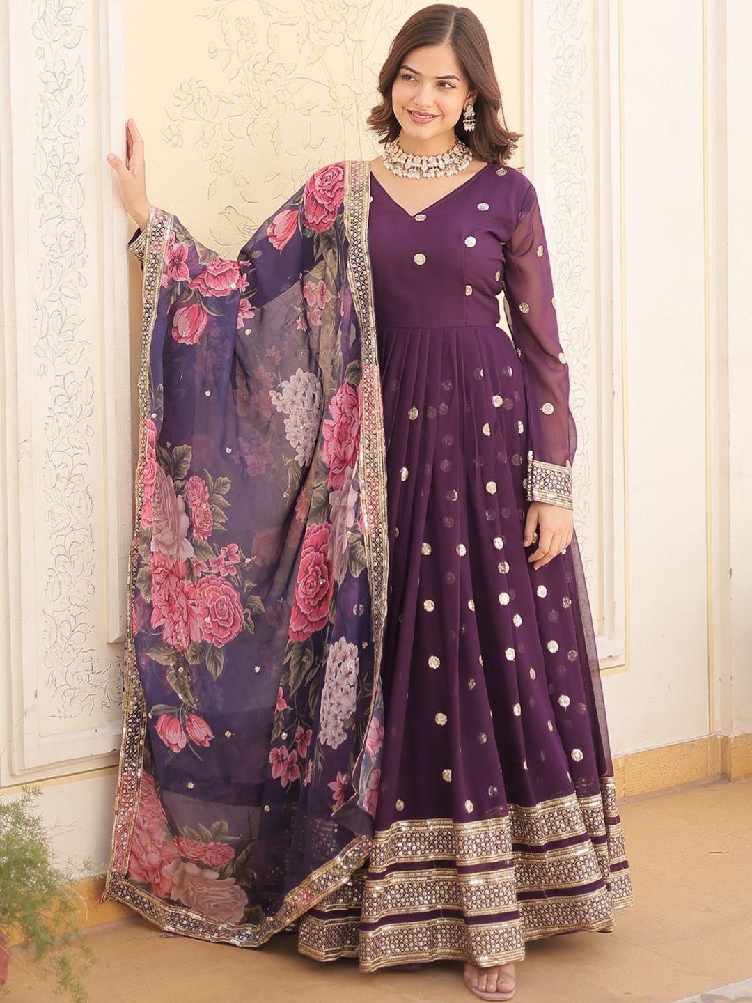 

KALINI Floral Embroidered Zari V-Neck Georgette Anarkali Kurta With Dupatta, Purple