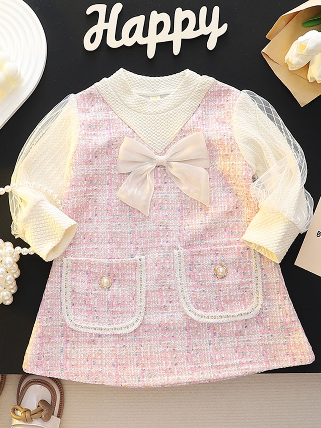 

YK Girls Self Design Printed A-Line Dress, Pink