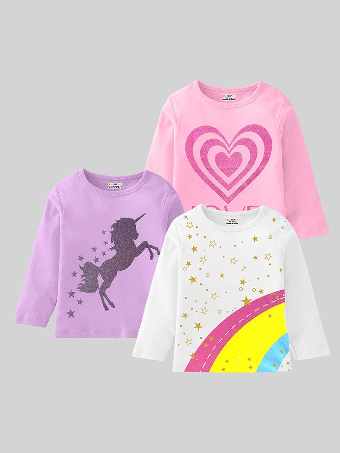 

KUCHIPOO Girls Pack Of 3 Graphic Printed Round Neck Cotton T-shirts, Pink
