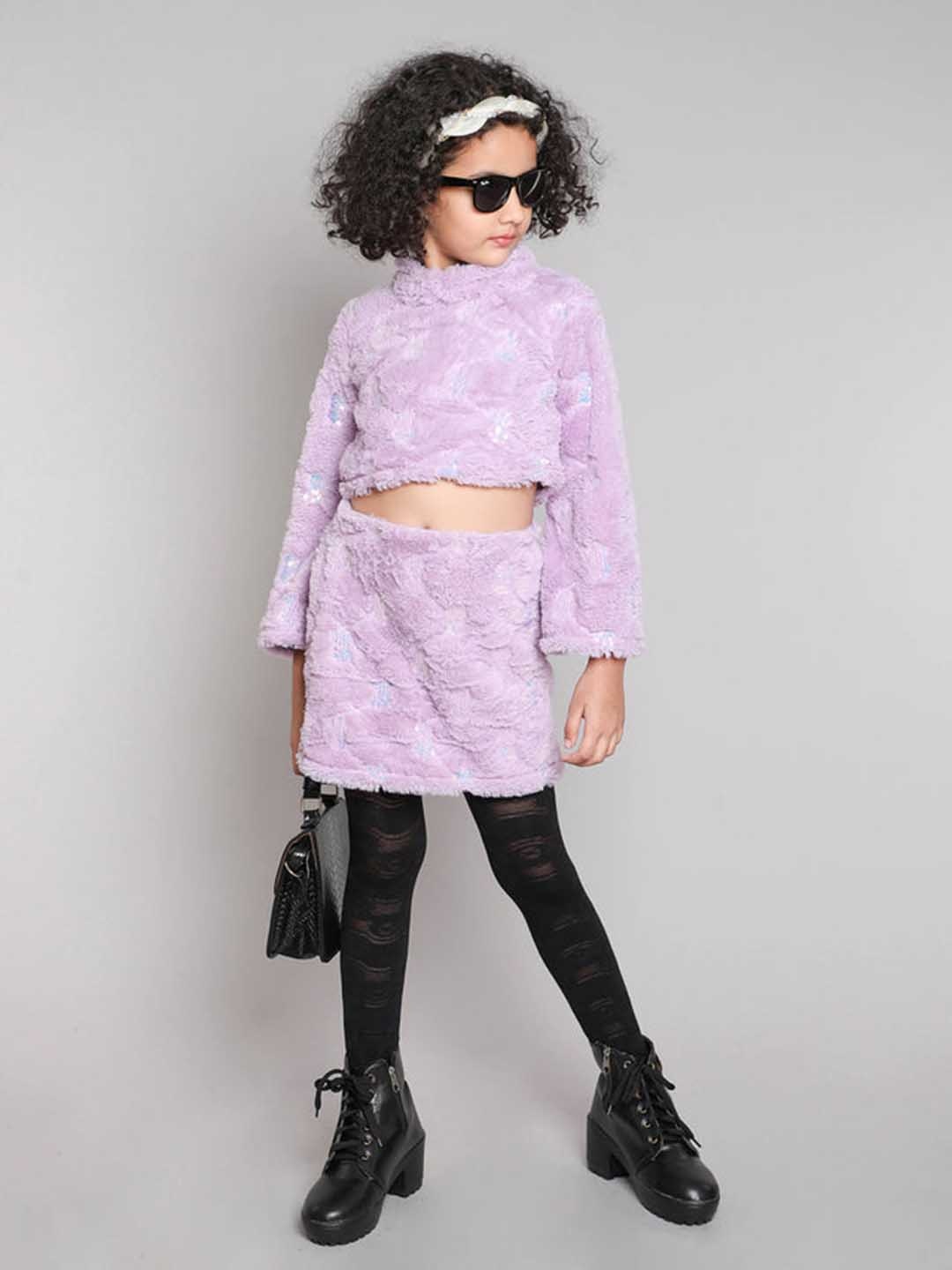 

taffykids Girls Self Design High Neck Top With Skirt, Lavender