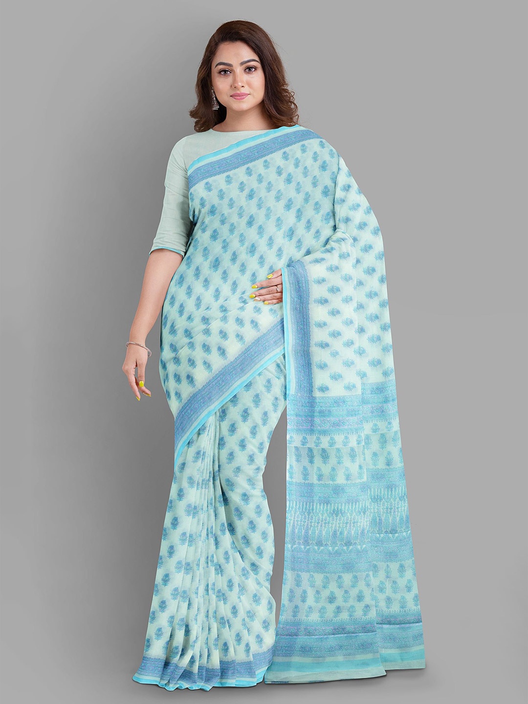 

The Chennai Silks Floral Printed Pure Cotton Muga Saree, Blue