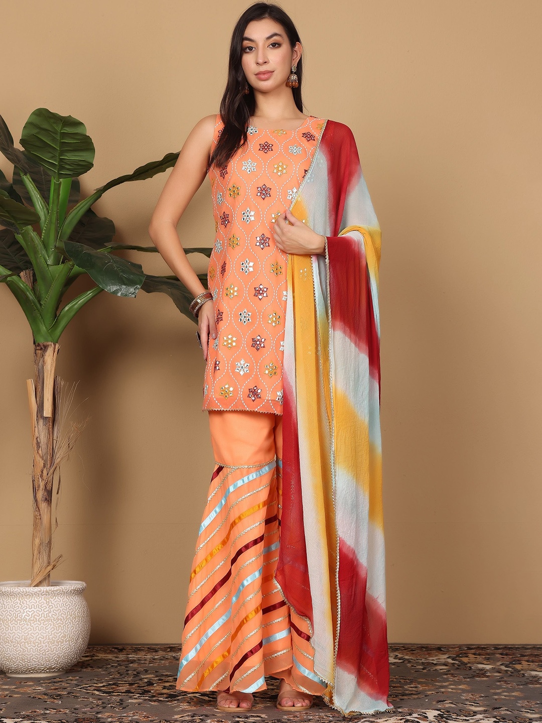 

KAANCHIE NANGGIA Floral Woven Design Straight Kurta with Sharara & Dupatta, Peach