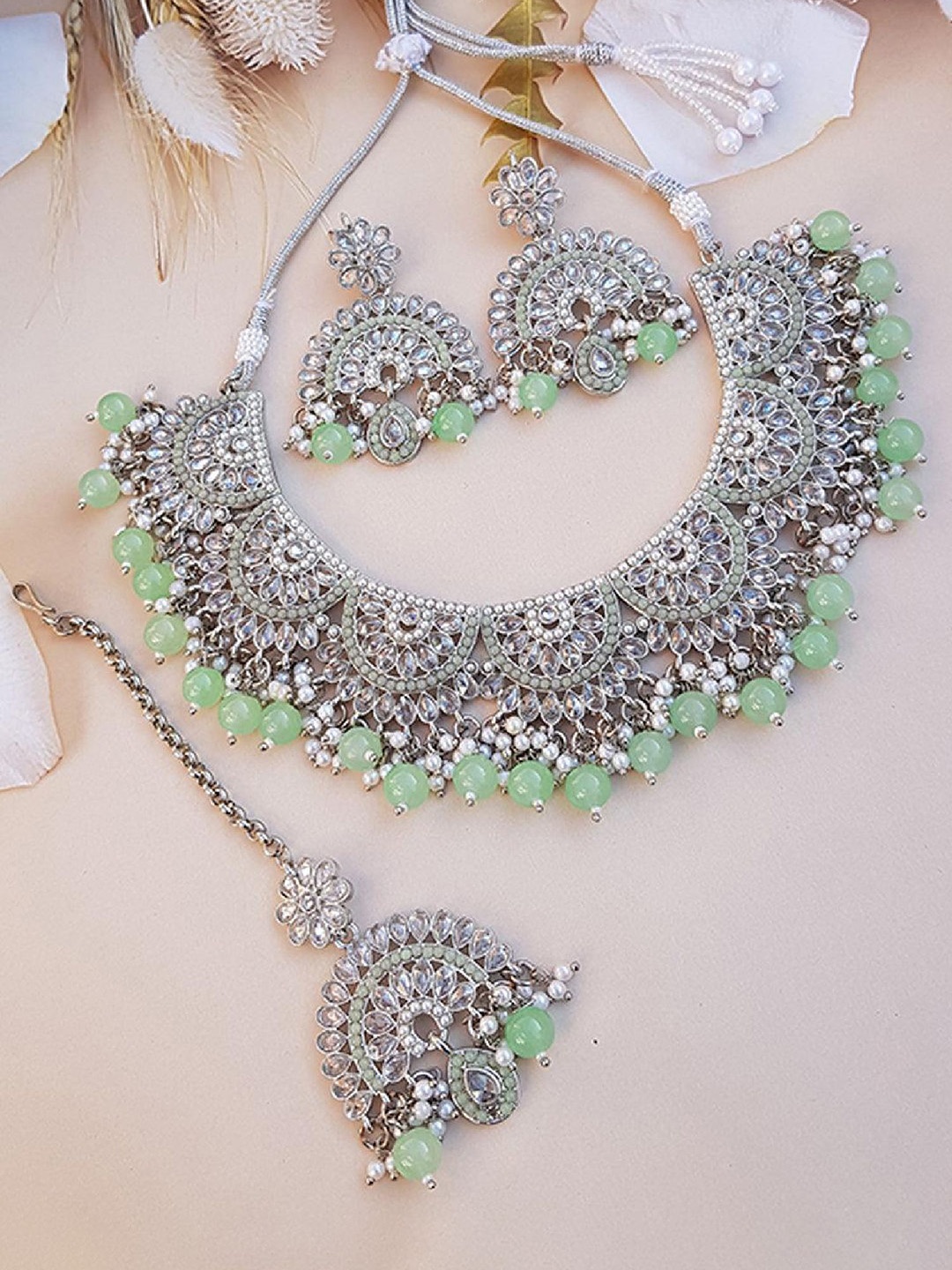

GRIIHAM Premium solitaire Silver-Plated CZ Stone Studded & Beaded Jewellery Set