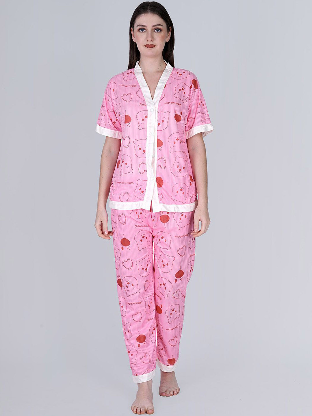 

Aartej Women V-Neck Printed Night suit, Pink