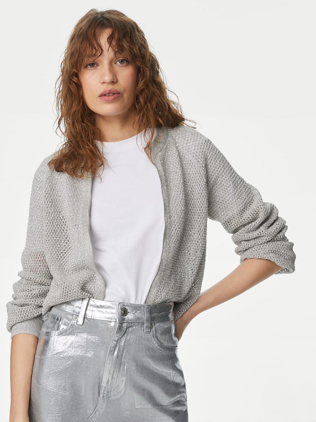 

Marks & Spencer Women Open Knit Cardigan, Silver