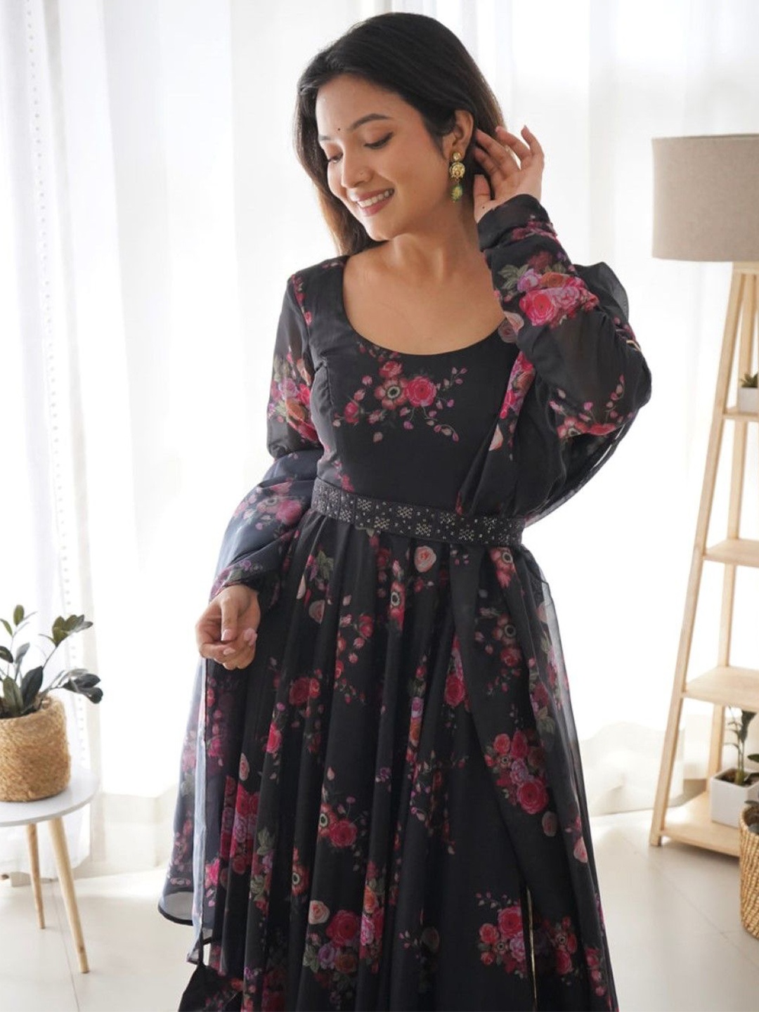 

Raiyani Enterprise Floral Print Crepe Fit & Flare Maxi Dress Comes with a belt, Black