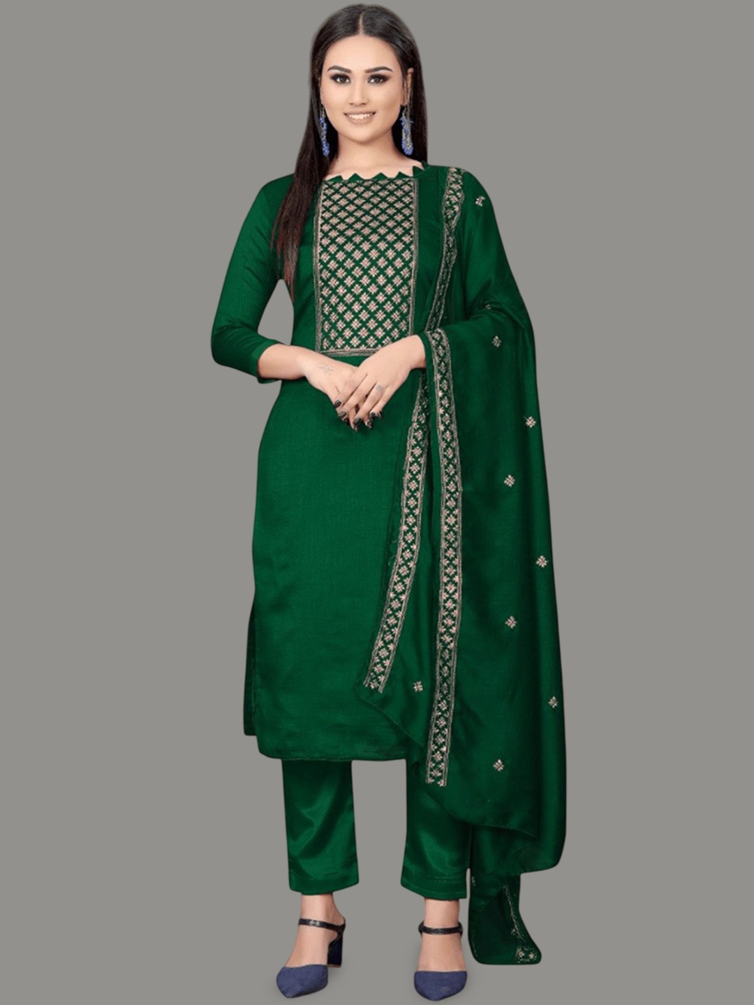 

APNISHA Floral Embroidered Zari Work Pure Silk Unstitched Dress Material, Green