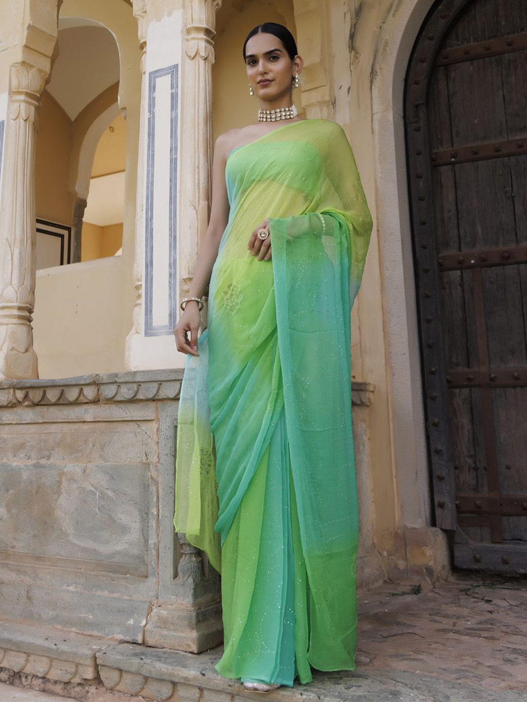 

Geroo Luxe Ombre Mukaish Poly Chiffon Embelished saree, Sea green