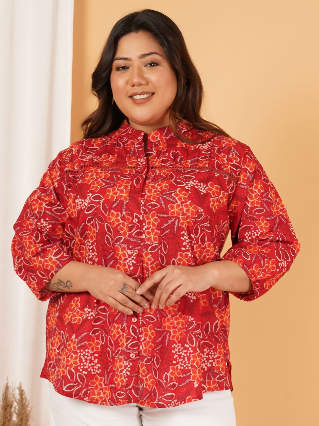 

Indietoga Women Printed Mandarin Collar Plus Size Pure Cotton Tunic, Red