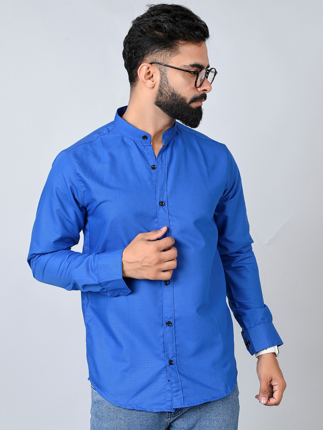 

Tanip Men Mandarin Collar Solid Cotton Casual Shirt, Blue