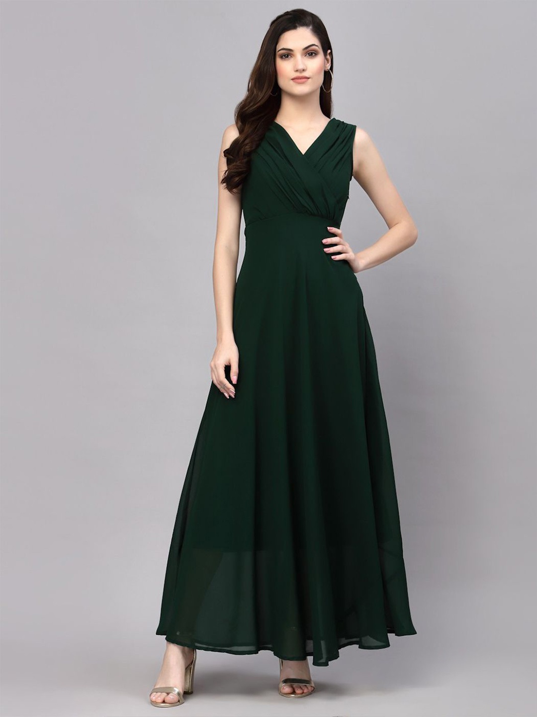 

BAESD Women V-Neck Georgette Fit & Flare Maxi Dress, Green