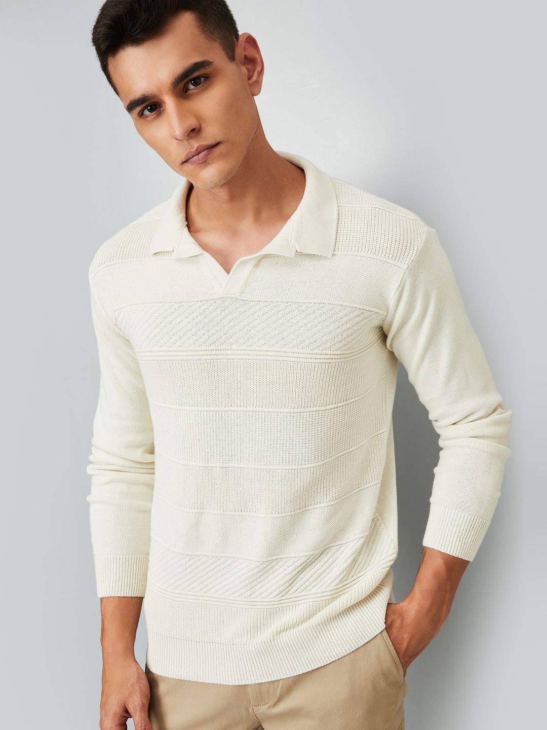 

max Men Shirt Collar Open-Knit Cotton Pullover, Off white