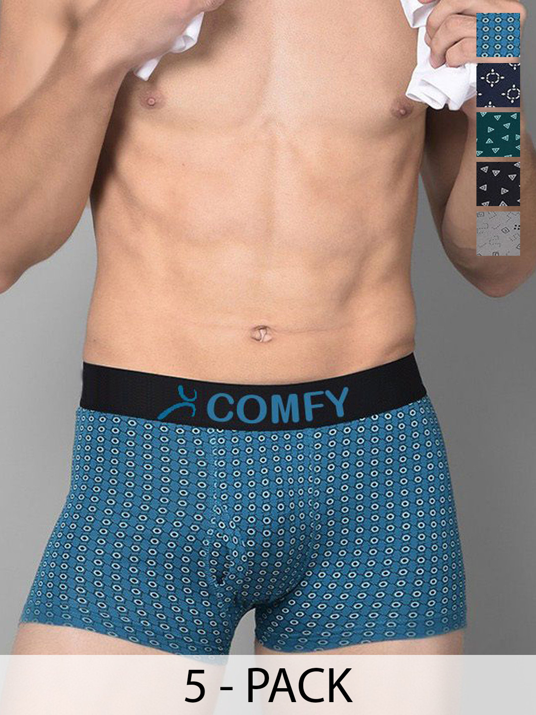 

AMUL COMFY Men Pack Of 5 Assorted Printed Short Trunks Comfy-Printed-Trunk-OE-5-90