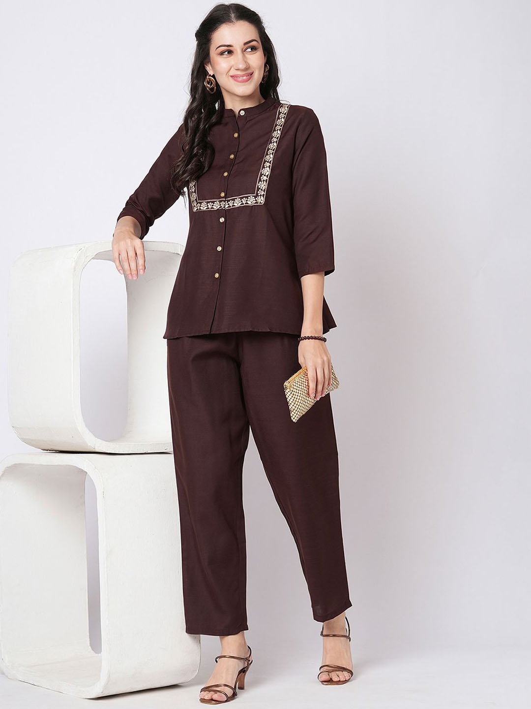 

KALINI Band Collar Embroidered Top With Trousers, Brown