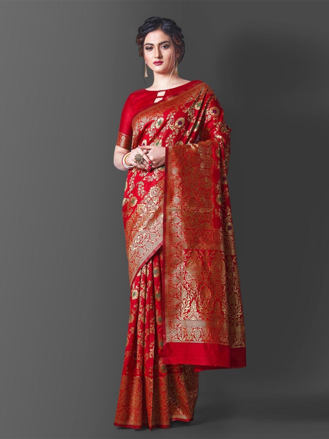 

Wuxi Ethnic Motifs Woven Design Zari Pure Silk Banarasi Saree, Red