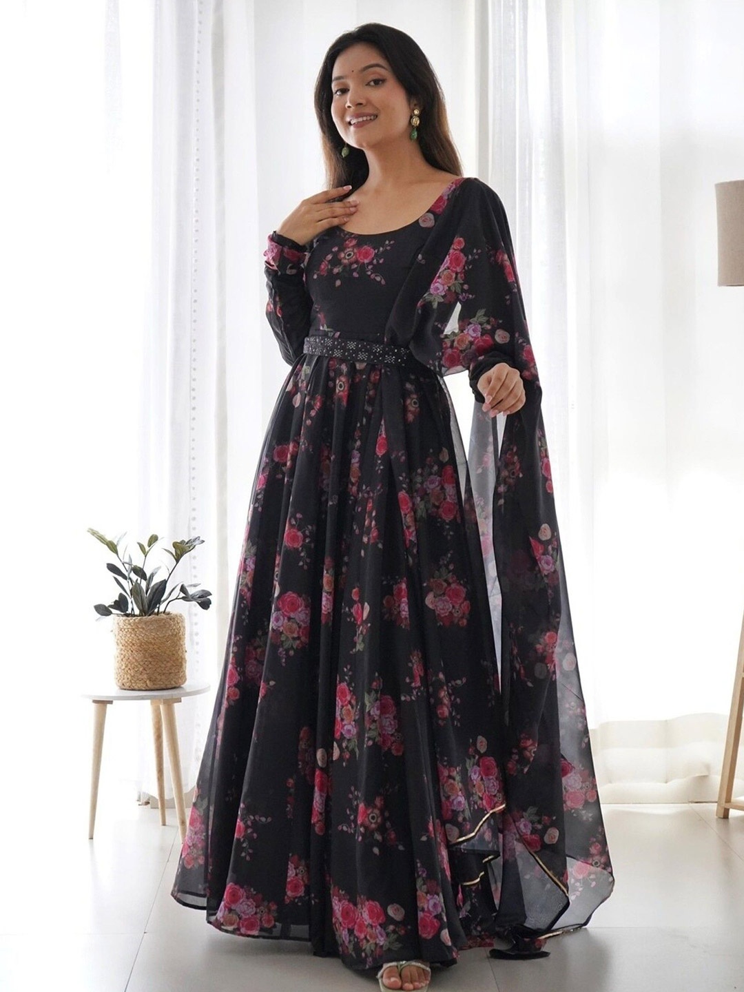 

Femvy Women Cotton Floral Printed Fit & Flare Maxi Dress, Black